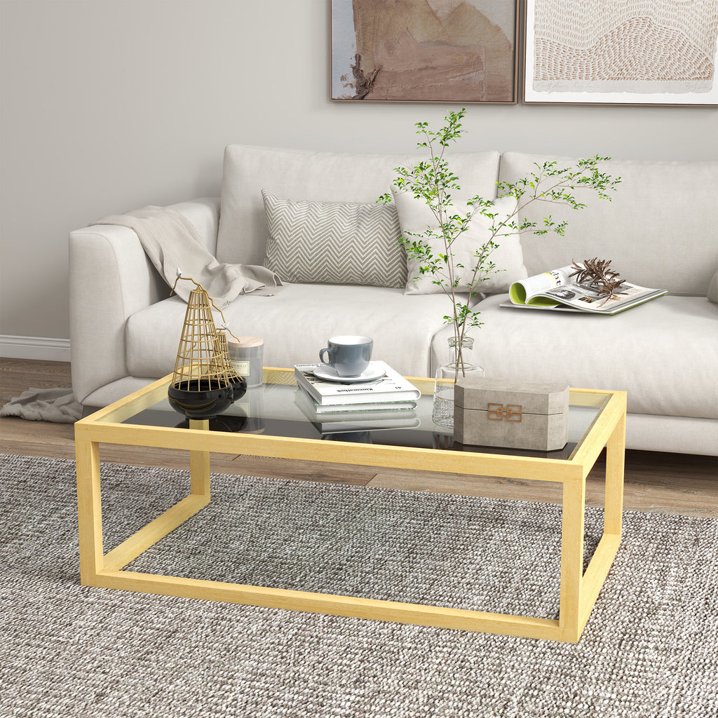 Table basse rectangulaire table de salon avec plateau en verre trempé cadre en bois d'hévéa dim. 100L x 60l x 35H cm
