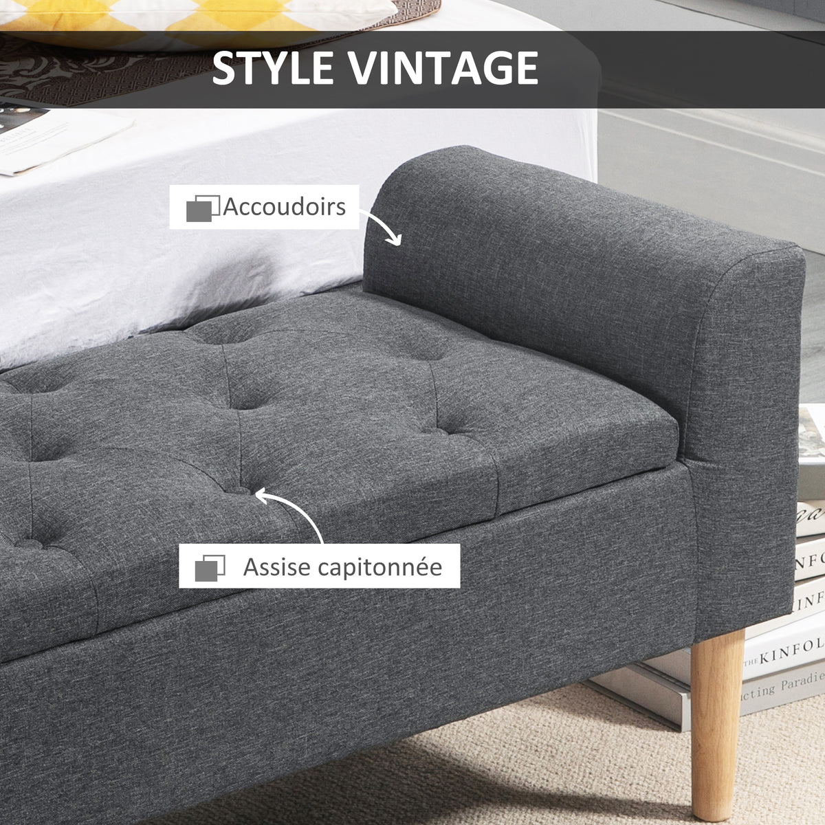 Banc coffre rangement capitonné banquette avec accoudoirs, banc de rangement pour la chambre à coucher, entrée, salon, charge 130 Kg dim. 116 x 44 x 58 cm gris foncé
