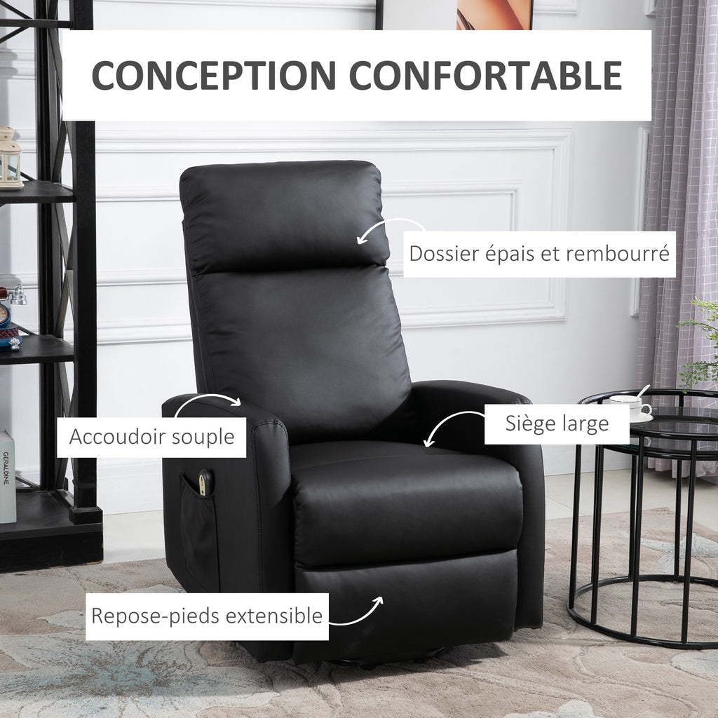 Fauteuil releveur électrique inclinable avec repose-pied ajustable et télécommande revêtement synthétique noir
