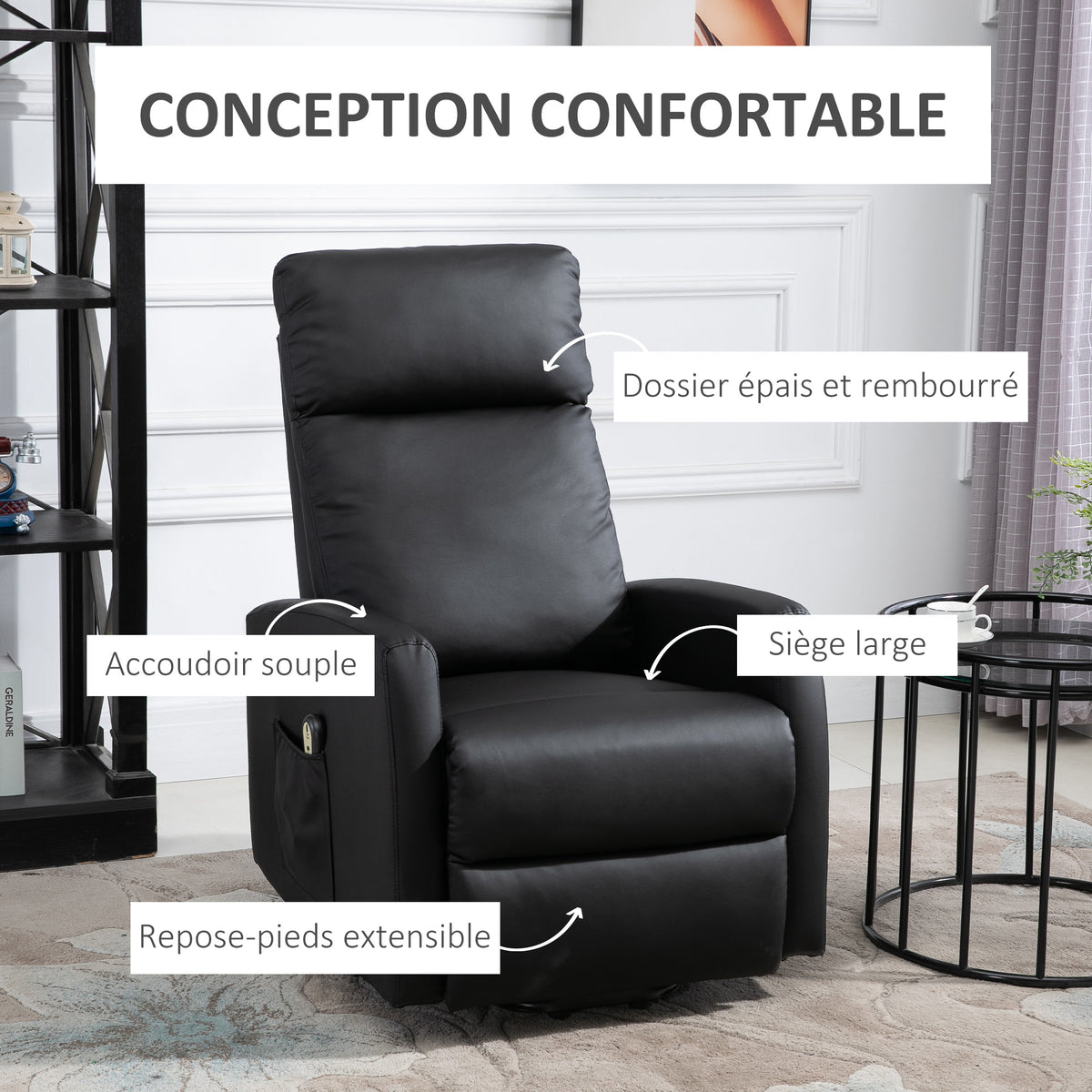Fauteuil releveur électrique inclinable avec repose-pied ajustable et télécommande revêtement synthétique noir