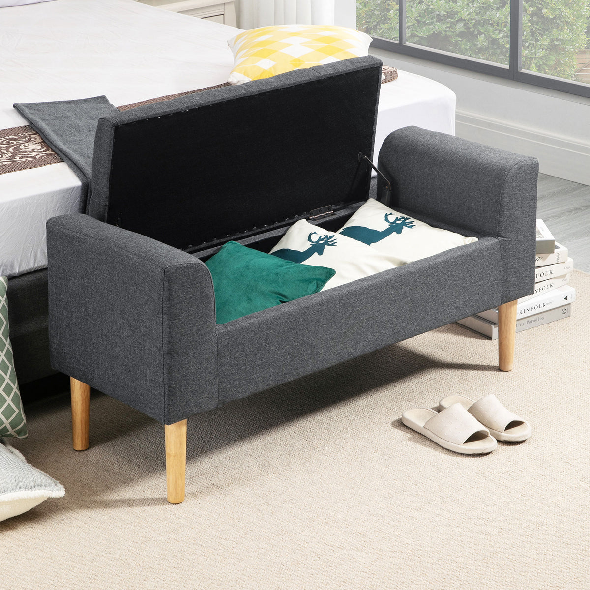 Banc coffre rangement capitonné banquette avec accoudoirs, banc de rangement pour la chambre à coucher, entrée, salon, charge 130 Kg dim. 116 x 44 x 58 cm gris foncé