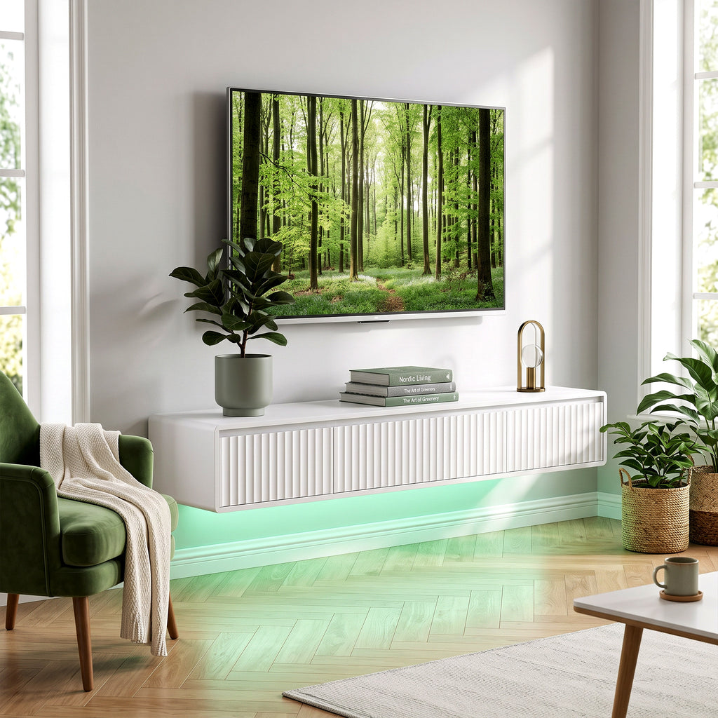 Meuble TV Suspendu Flottant 160 cm avec Éclairage LED et Prises, Meuble Télé pour Téléviseur 72 Pouces, Blanc