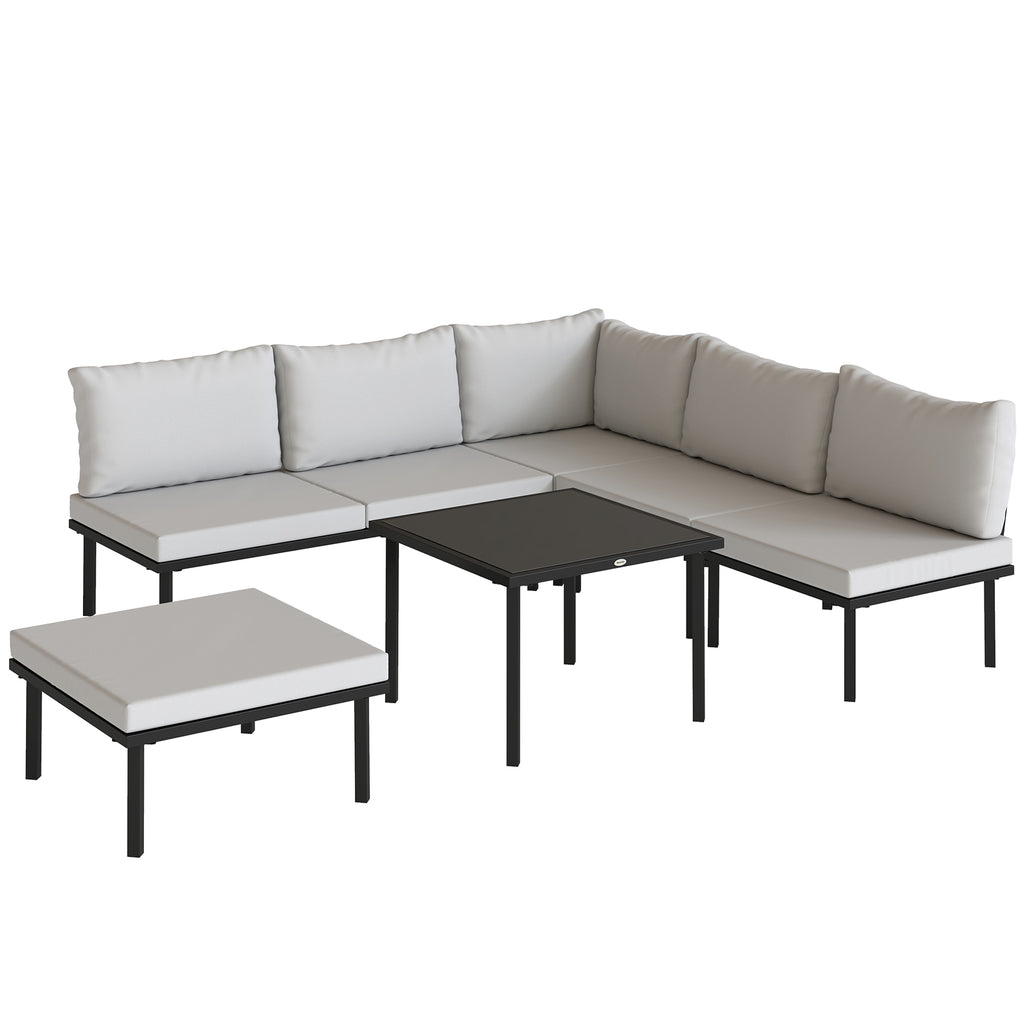 Salon de jardin extérieur d'angle modulable 6 personnes, table basse avec plateau en verre trempé, gris clair