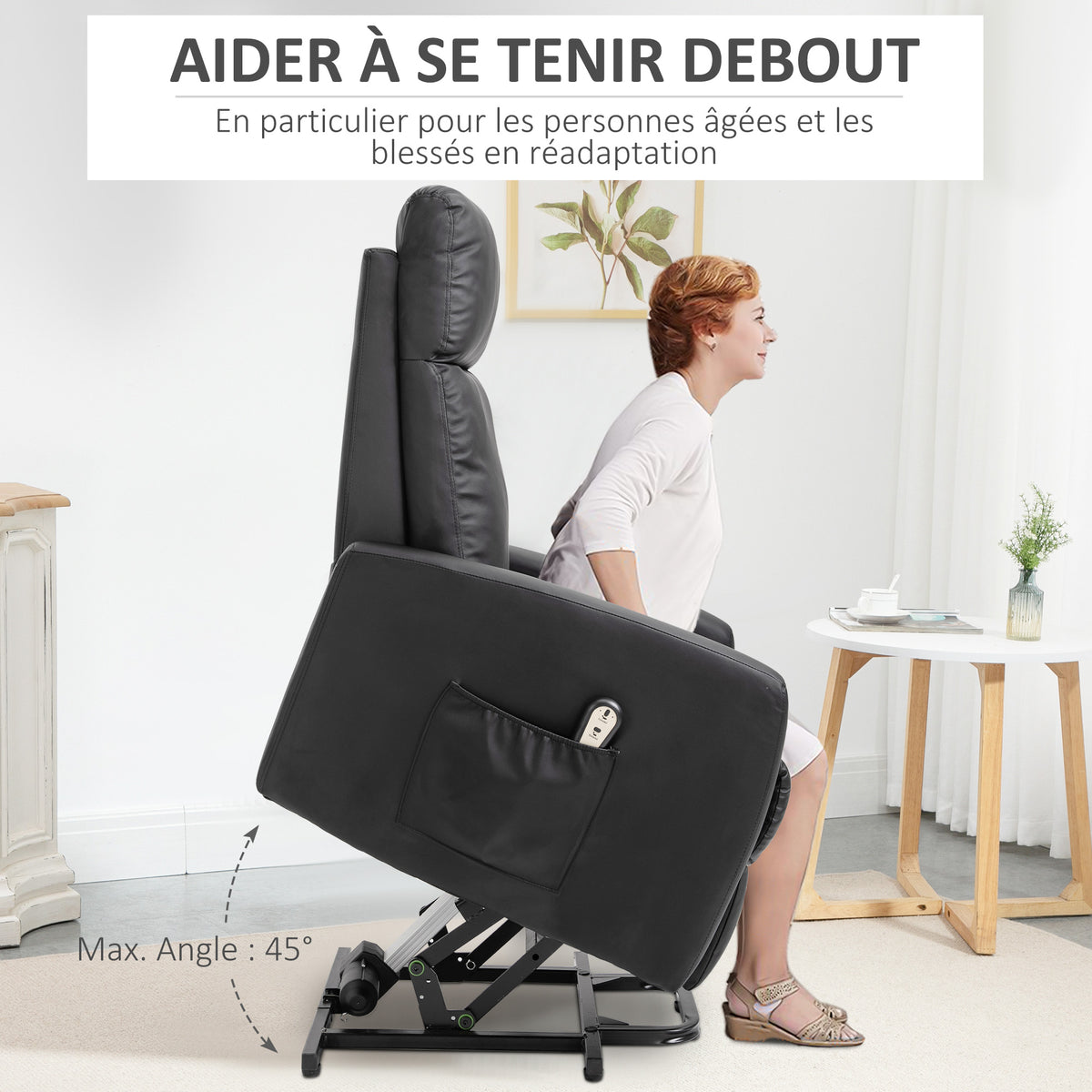 Fauteuil releveur électrique inclinable avec repose-pied ajustable et télécommande revêtement synthétique noir