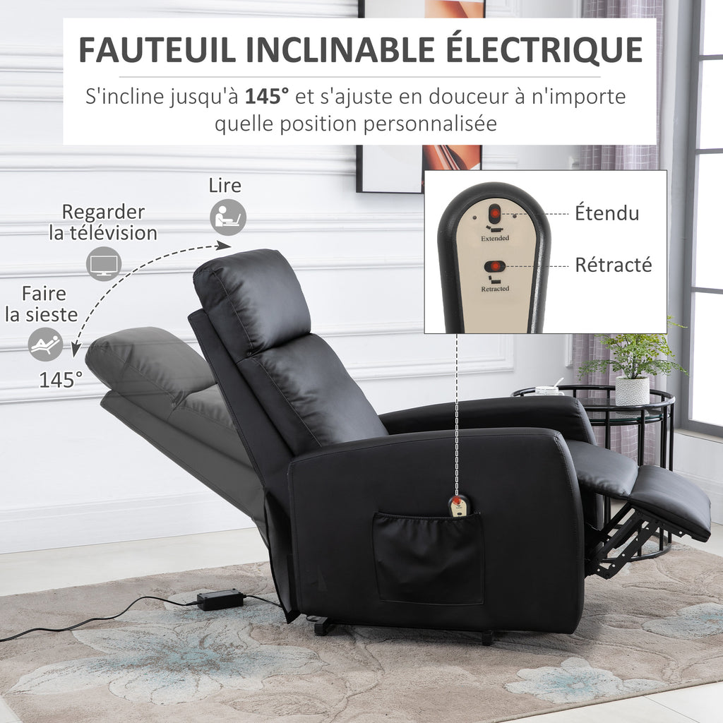 Fauteuil releveur électrique inclinable avec repose-pied ajustable et télécommande revêtement synthétique noir