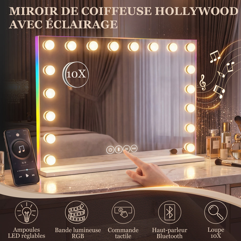 Miroir maquillage Hollywood 18 ampoules LED, 3 couleurs d'éclairage, lumière RGB, haut-parleur Bluetooth, blanc