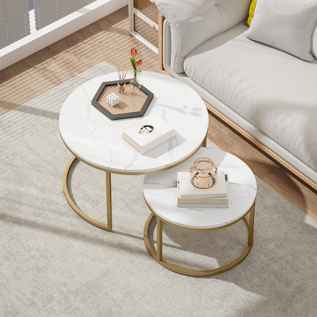 Lot de 2 tables basses gigognes empilable design industriel plateau imitation ciment pieds en métal blanc