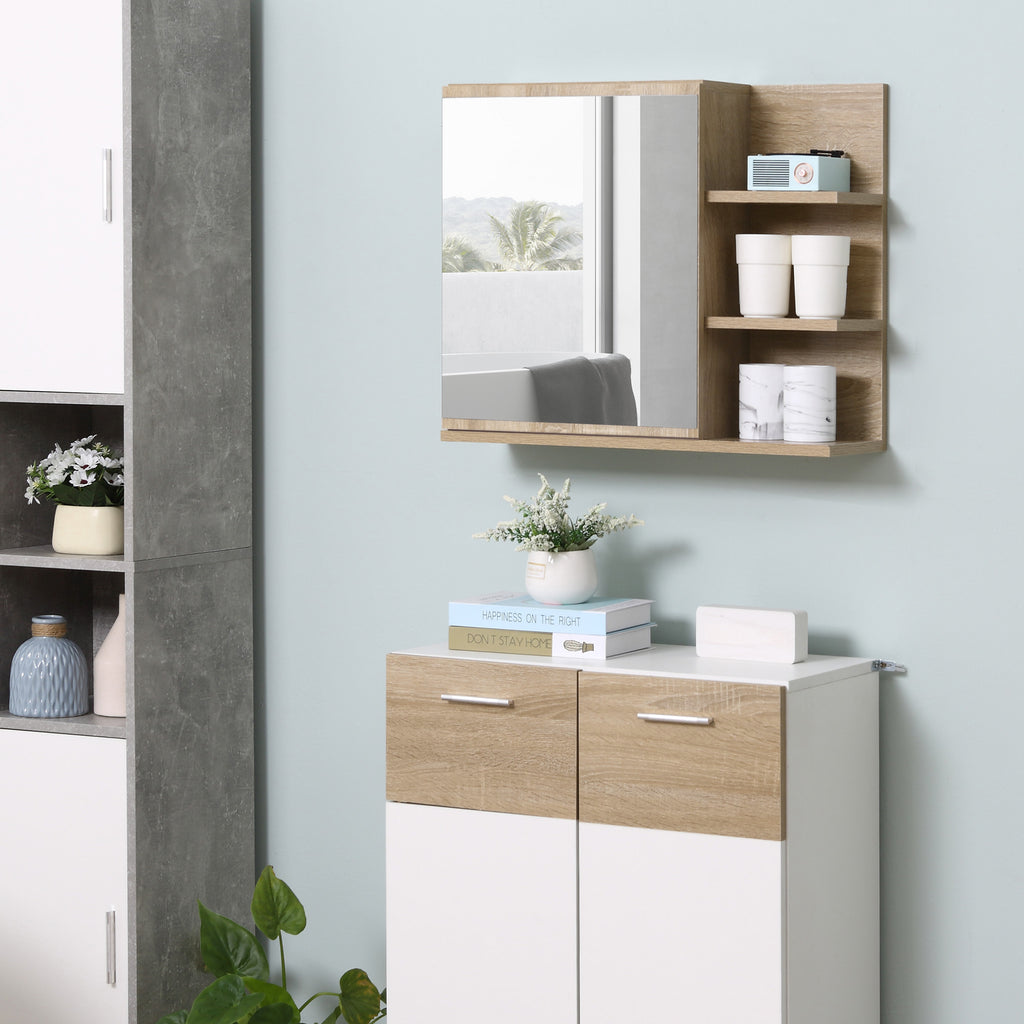 Armoire Miroir de Salle de Bain avec étagère - 3 étagères latérales - kit Installation Murale fourni - Panneaux Particules Aspect chêne Clair