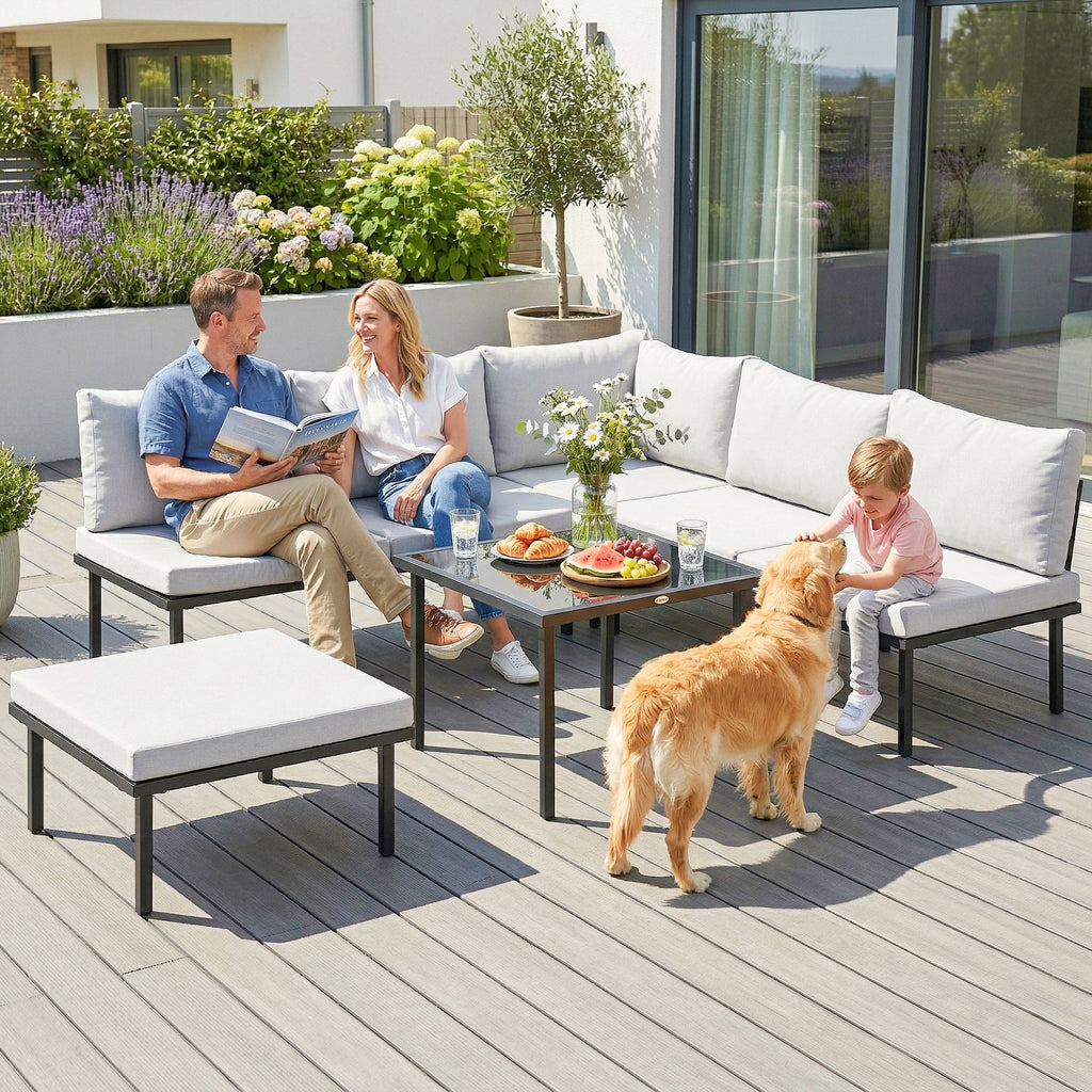 Salon de jardin extérieur d'angle modulable 6 personnes, table basse avec plateau en verre trempé, gris clair