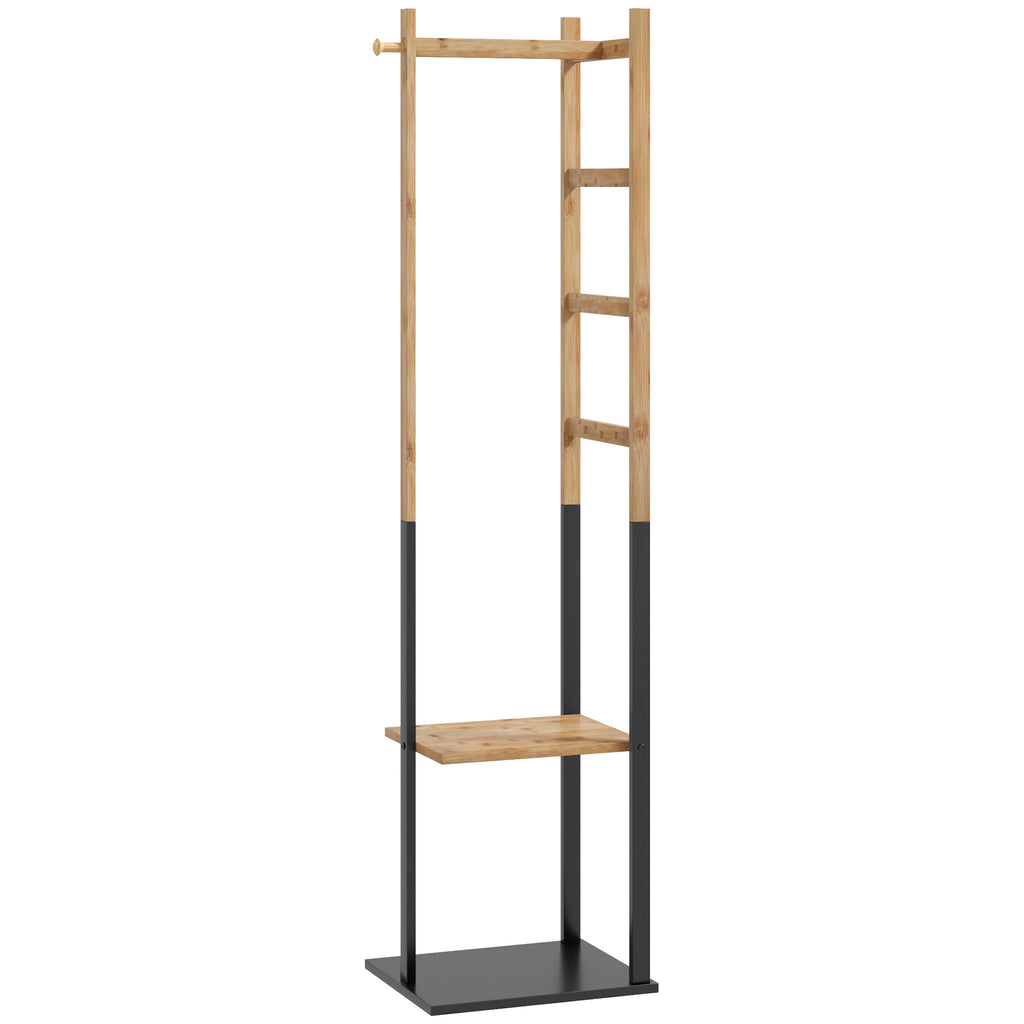 Portant pour vêtements en bambou, Porte-manteau en Bois avec tringle, étagères, patère, 4 barres latérales