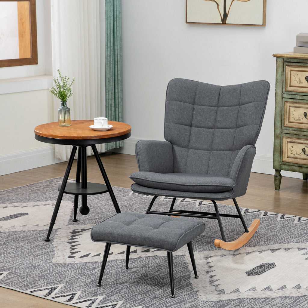 Fauteuil à bascule avec repose-pieds, rocking chair, assise large, dossier haut, coussin inclus, 64 x 89 x 90 cm, gris