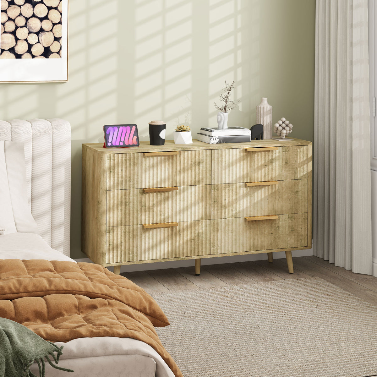 Commode 6 tiroirs scandinave avec poignées et pieds de pin, pour chambre à coucher, salon, couloir, 120x40x76cm, chêne