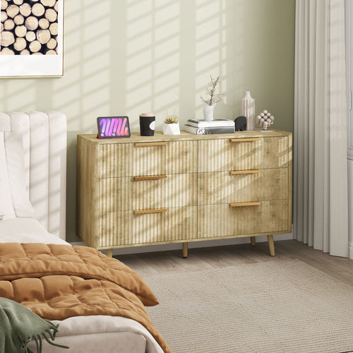 Commode 6 tiroirs scandinave avec poignées et pieds de pin, pour chambre à coucher, salon, couloir, 120x40x76cm, chêne