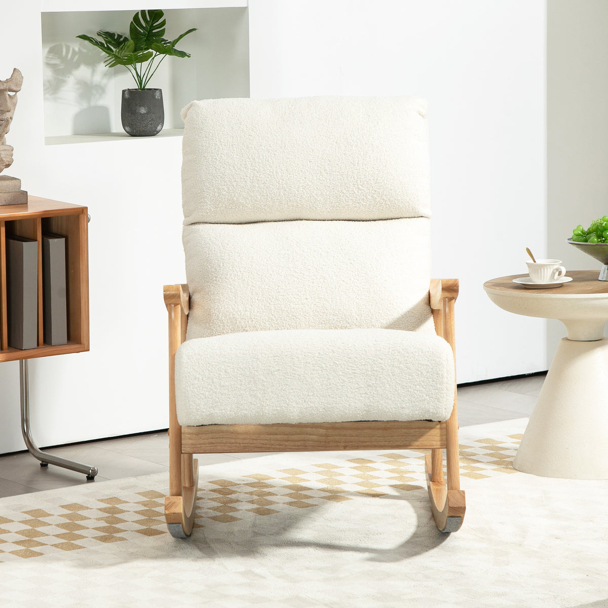 Fauteuil à bascule, rocking chair en velours teddy avec assise rembourré, dossier ergonomique, 65 x 90 x 98 cm, crème