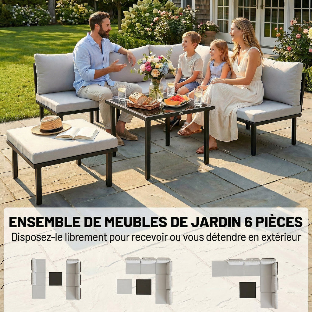 Salon de jardin extérieur d'angle modulable 6 personnes, table basse avec plateau en verre trempé, gris clair