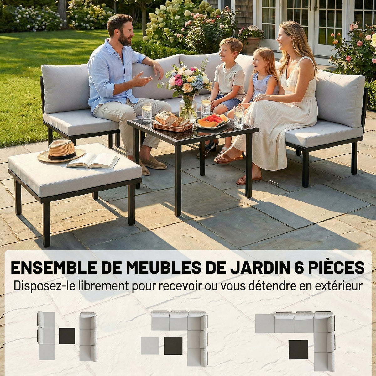 Salon de jardin extérieur d'angle modulable 6 personnes, table basse avec plateau en verre trempé, gris clair