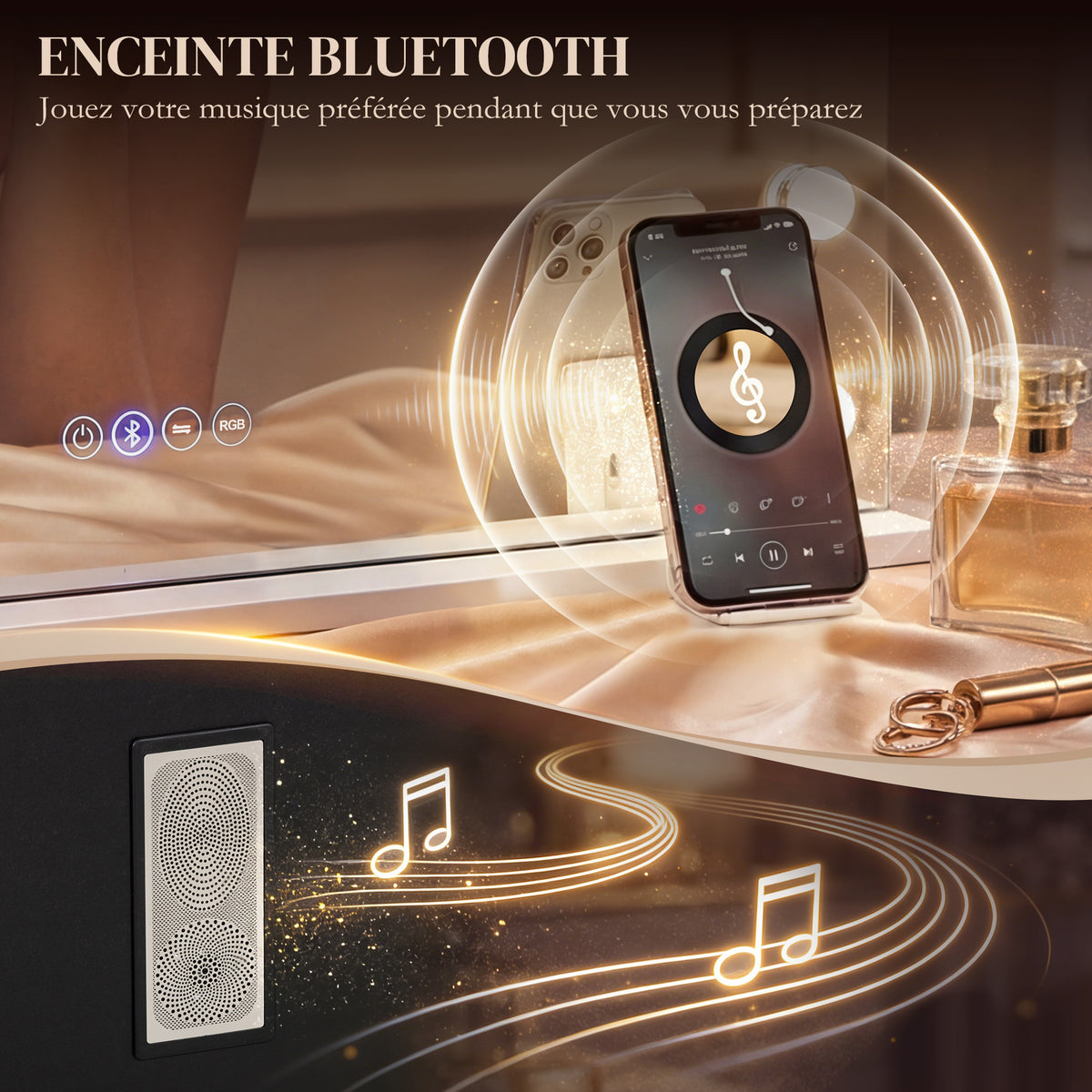 Miroir maquillage Hollywood 18 ampoules LED, 3 couleurs d'éclairage, lumière RGB, haut-parleur Bluetooth, blanc