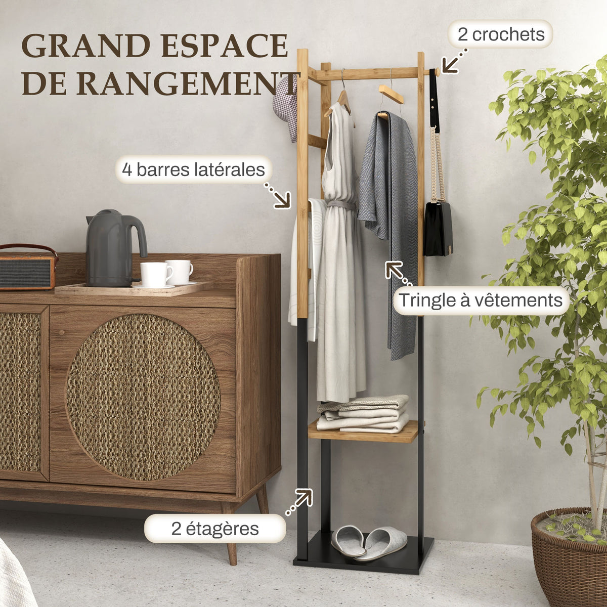 Portant pour vêtements en bambou, Porte-manteau en Bois avec tringle, étagères, patère, 4 barres latérales