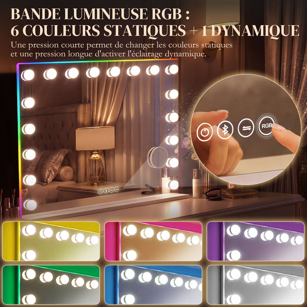 Miroir maquillage Hollywood 18 ampoules LED, 3 couleurs d'éclairage, lumière RGB, haut-parleur Bluetooth, blanc