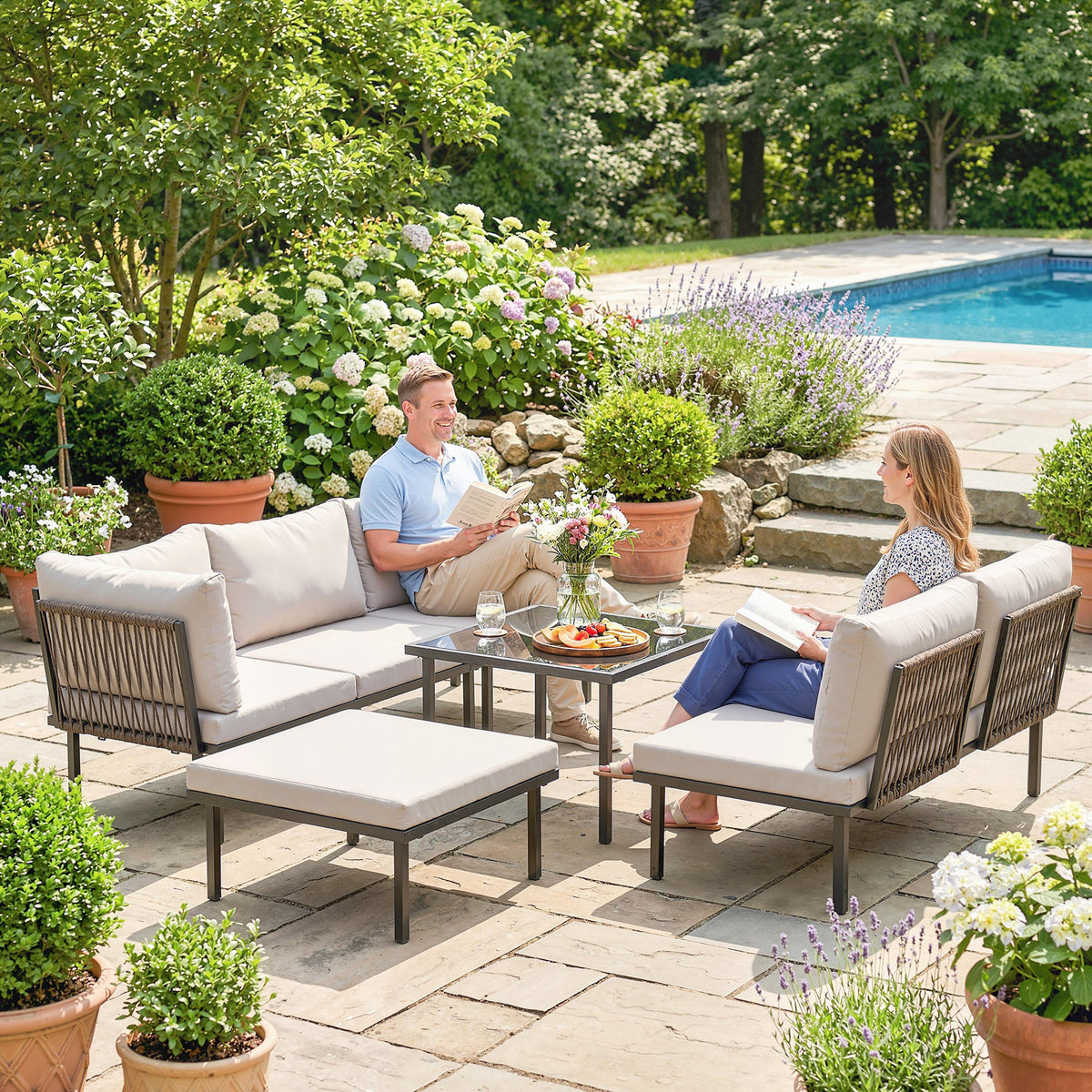 Salon de jardin extérieur d'angle modulable 6 personnes, table basse avec plateau en verre trempé, gris clair