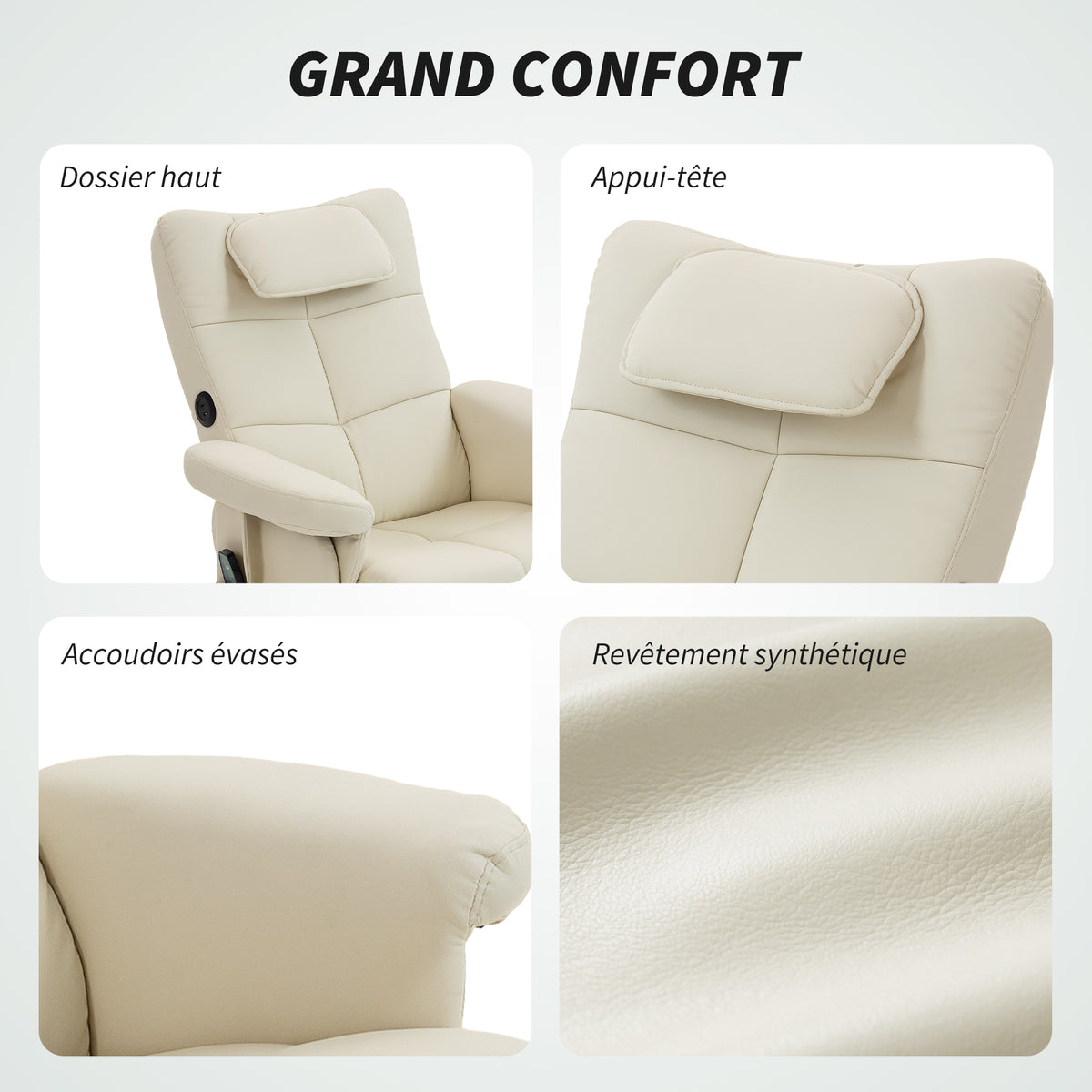 Fauteuil massant avec repose-pied, dossier inclinable jusqu'à 135°, coffre de rangement, télécommande