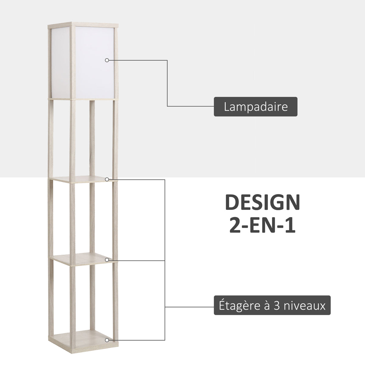 Lampadaire étagère 26L x 26l x 160H cm 3 étagères 4 Niveaux MDF chêne