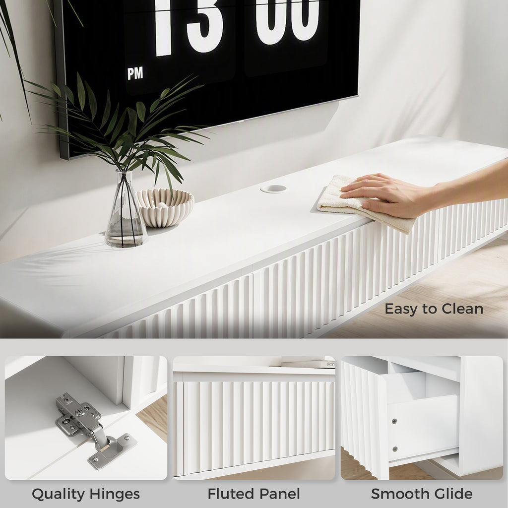 Meuble TV Suspendu Flottant 160 cm avec Éclairage LED et Prises, Meuble Télé pour Téléviseur 72 Pouces, Blanc