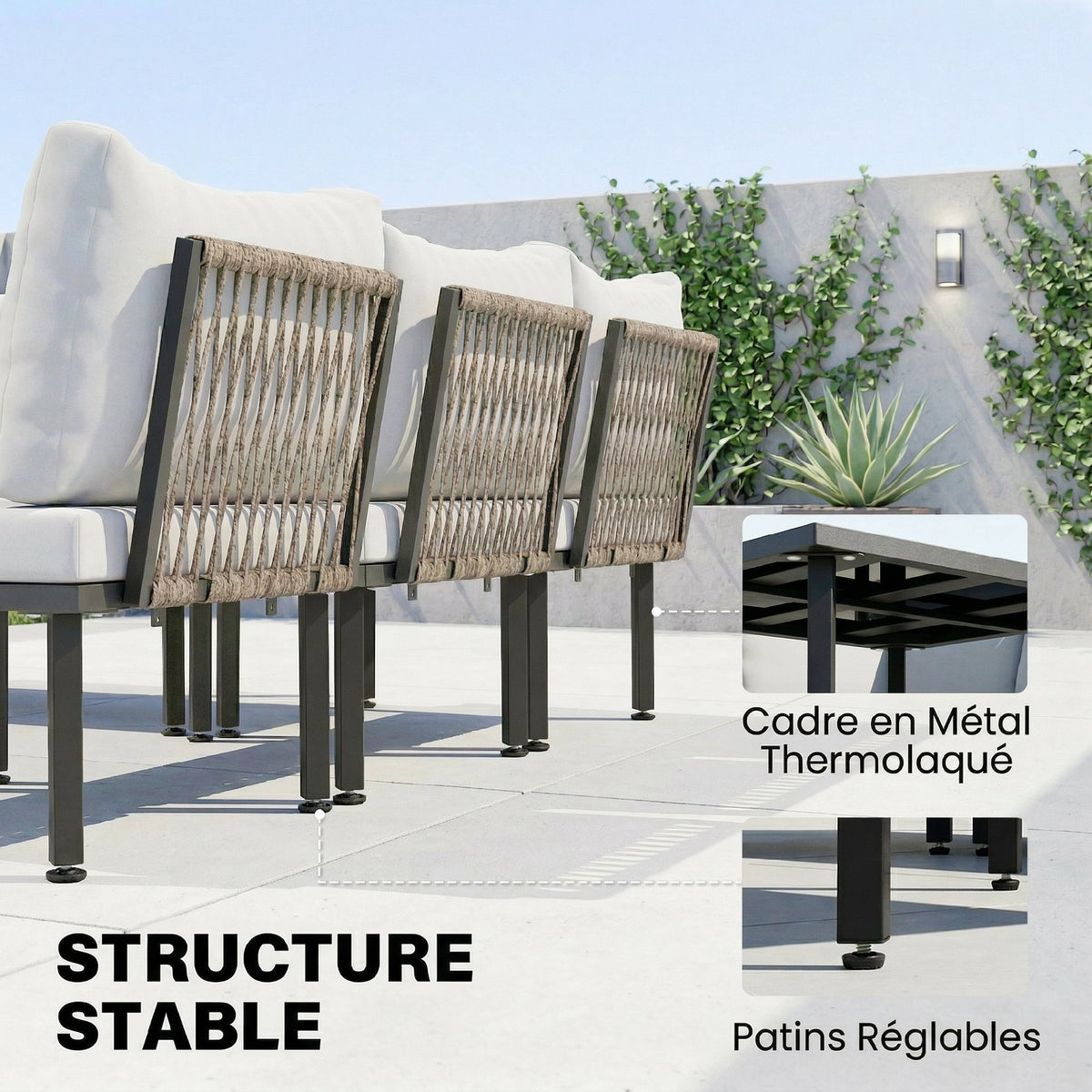 Salon de jardin extérieur d'angle modulable 6 personnes, table basse avec plateau en verre trempé, gris clair