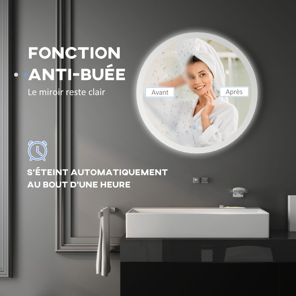 Miroir rond lumineux LED de salle de bain Ø 70 cm mural éclairage interrupteur tactile système antibuée 35W blanc argent