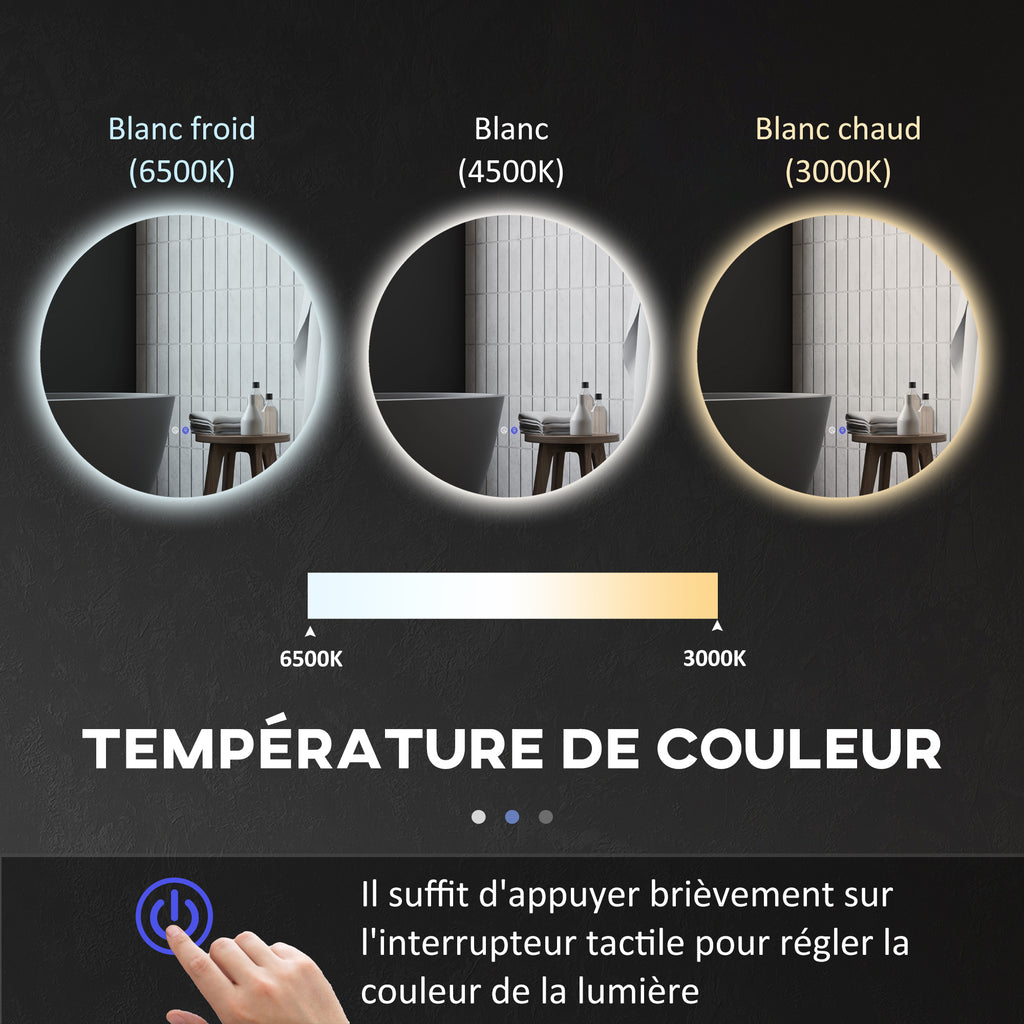 Miroir rond lumineux LED de salle de bain Ø 80 cm mural avec éclairage interrupteur tactile système antibuée