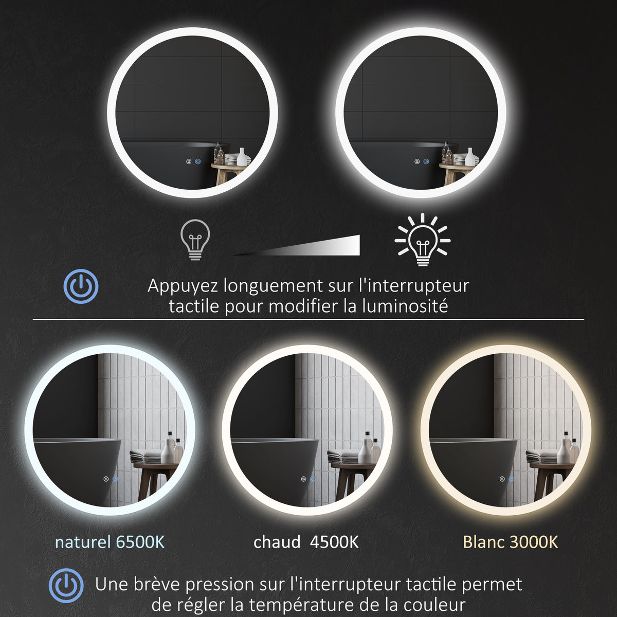 Miroir rond lumineux LED de salle de bain Ø 70 cm mural éclairage interrupteur tactile système antibuée 35W blanc argent