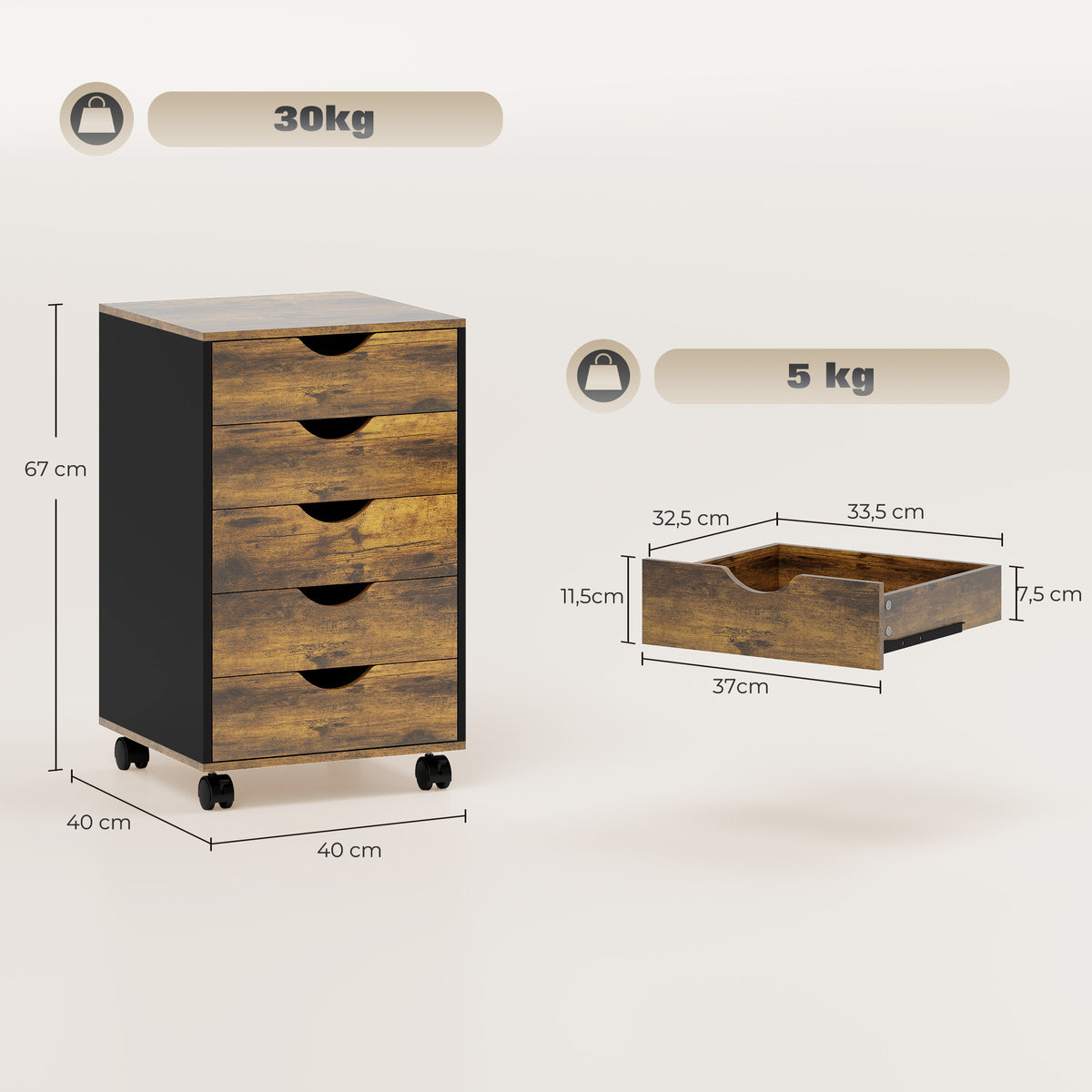 Caisson bureau mobile, meuble rangement sur roulettes avec 5 tiroirs, bois, 40 x 40 x 67 cm, marron