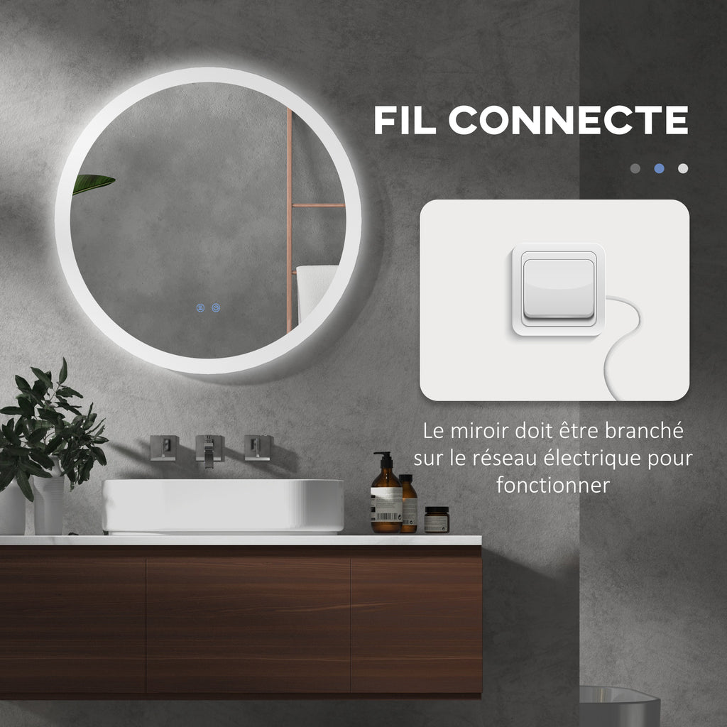 Miroir rond lumineux LED de salle de bain Ø 70 cm mural éclairage interrupteur tactile système antibuée 35W blanc argent