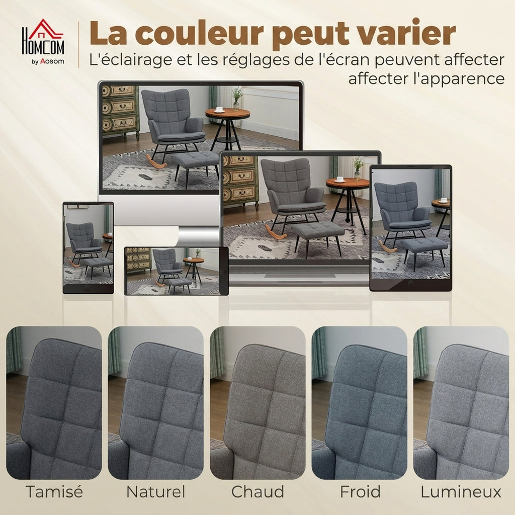 Fauteuil à bascule avec repose-pieds, rocking chair, assise large, dossier haut, coussin inclus, 64 x 89 x 90 cm, gris
