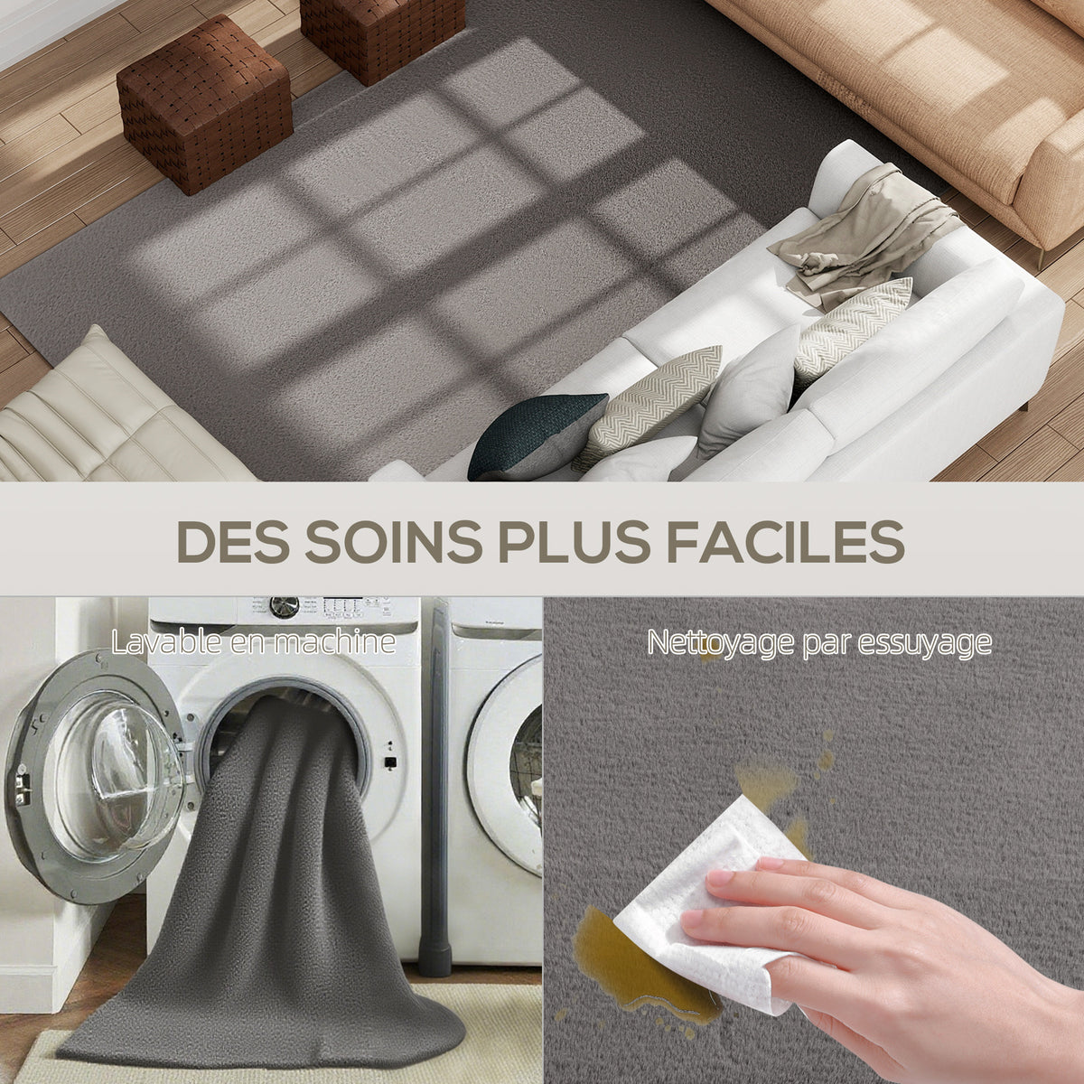 Tapis salon 200 x 140 cm tapis à poils longs, lavable en machine, antidérapant, en fausse fourrure, gris clair