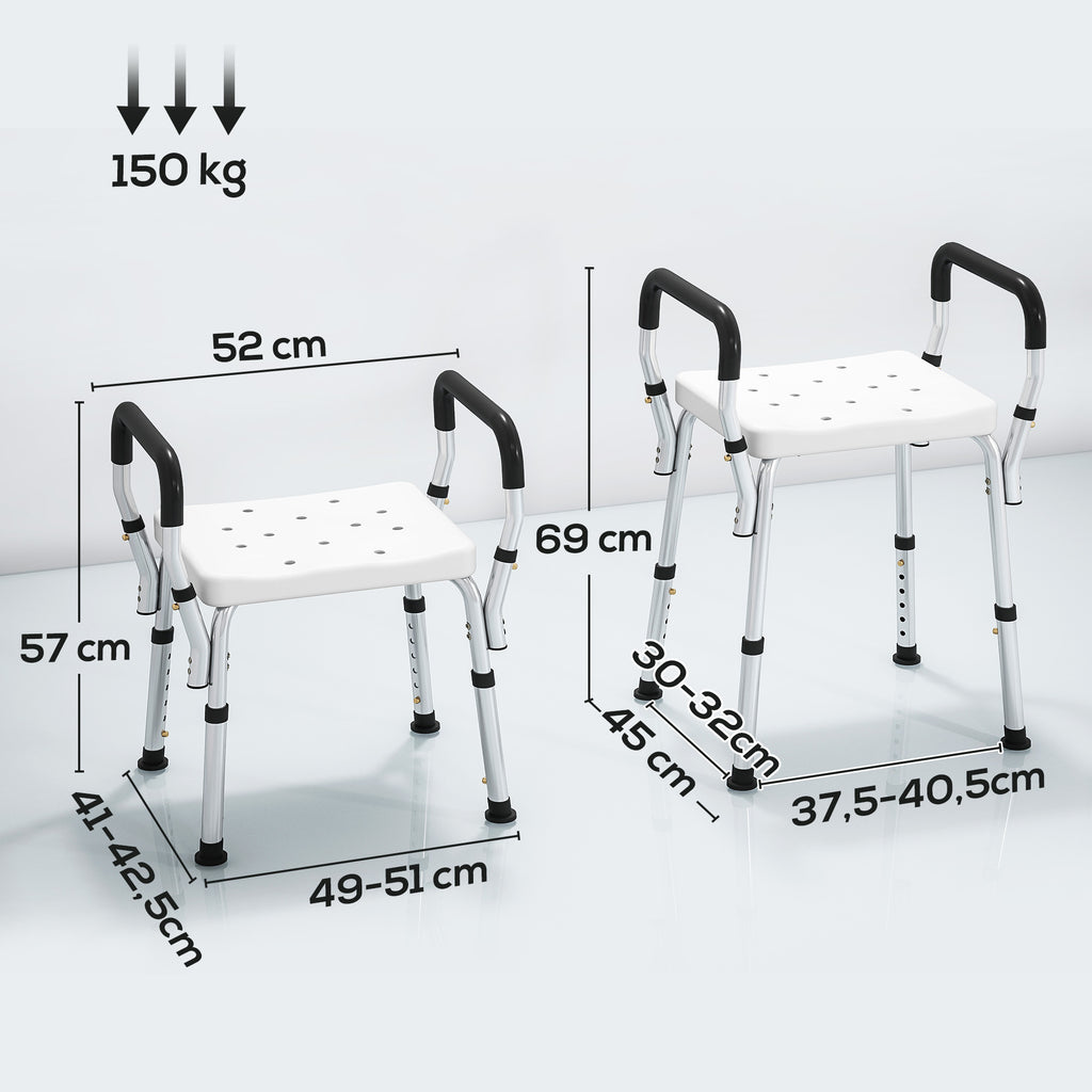 Tabouret de douche pour personnes âgées et handicapées avec accoudoirs, hauteur réglable, patins antidérapants, blanc