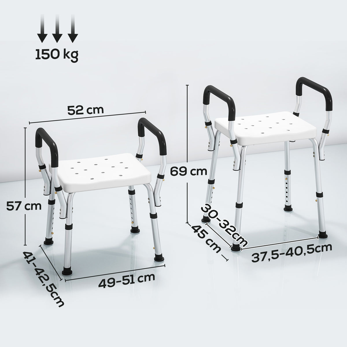 Tabouret de douche pour personnes âgées et handicapées avec accoudoirs, hauteur réglable, patins antidérapants, blanc