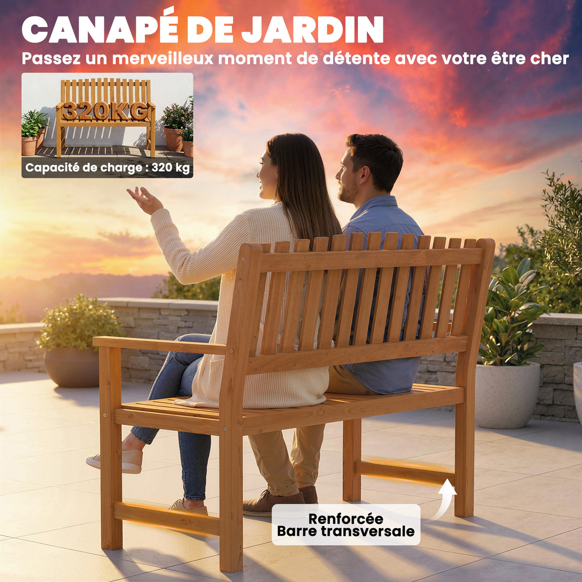 Banc de Jardin Banquette de Terrasse 2 Places Charge Max. 320kg Accoudoirs 112 x 64 x 92 cm Bois d'Acacia Naturel
