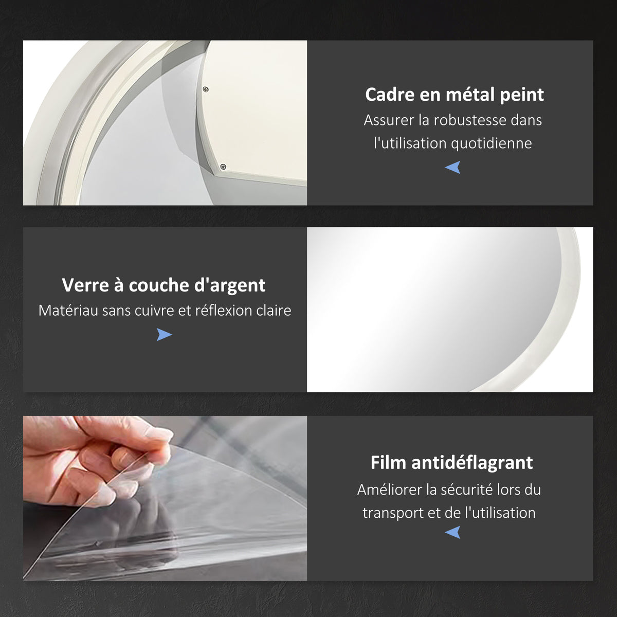 Miroir rond lumineux LED de salle de bain Ø 70 cm mural éclairage interrupteur tactile système antibuée 35W blanc argent