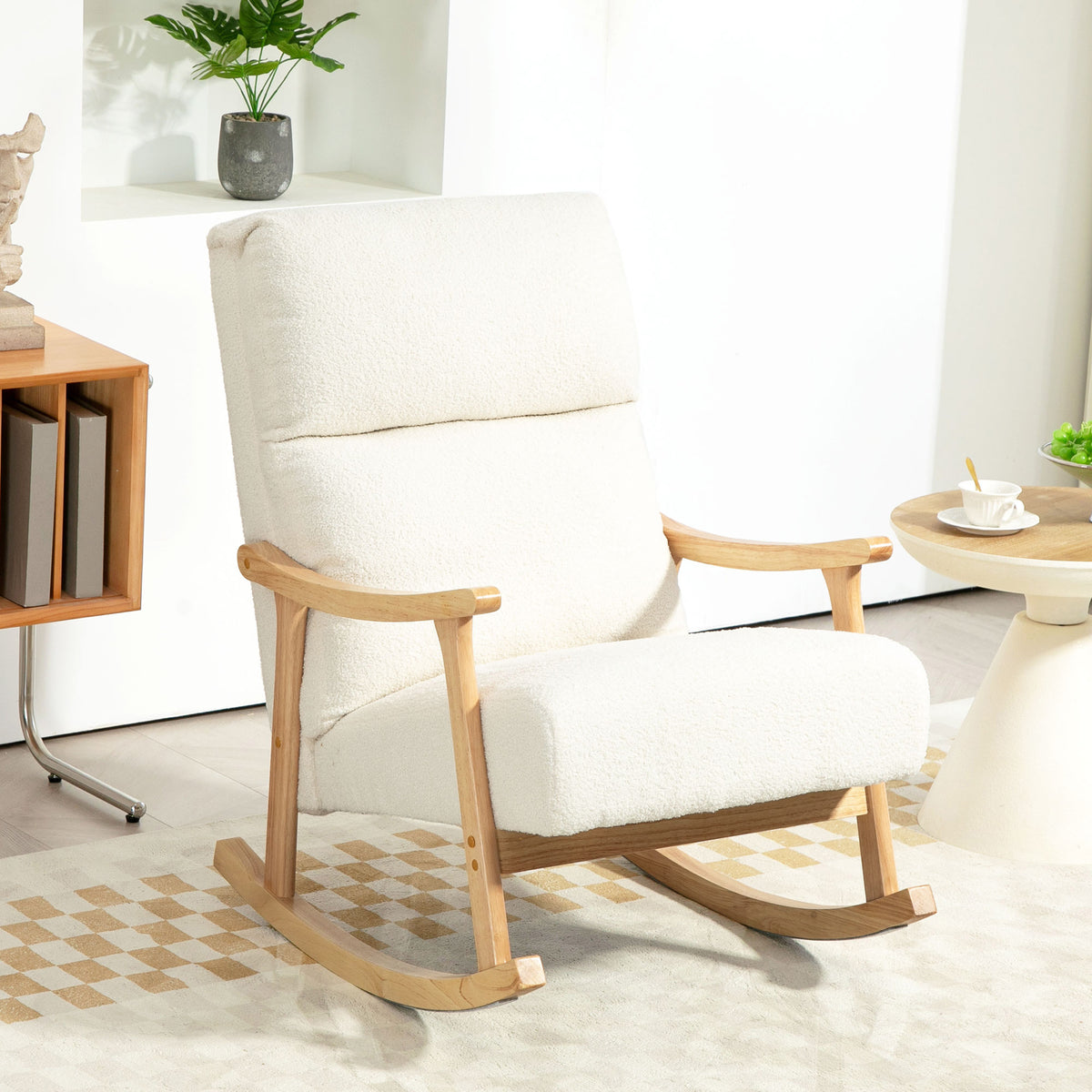 Fauteuil à bascule, rocking chair en velours teddy avec assise rembourré, dossier ergonomique, 65 x 90 x 98 cm, crème
