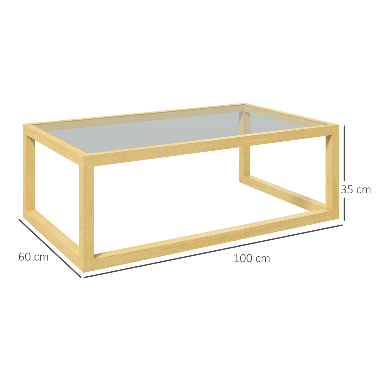 Table basse rectangulaire table de salon avec plateau en verre trempé cadre en bois d'hévéa dim. 100L x 60l x 35H cm