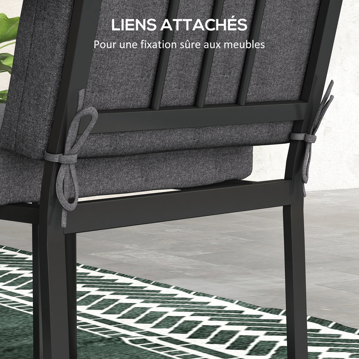 Lot de 2 coussins d'extérieur pour fauteuil chaise à dossier avec attaches rembourrage 8 cm, 112L x 51l cm, gris foncé