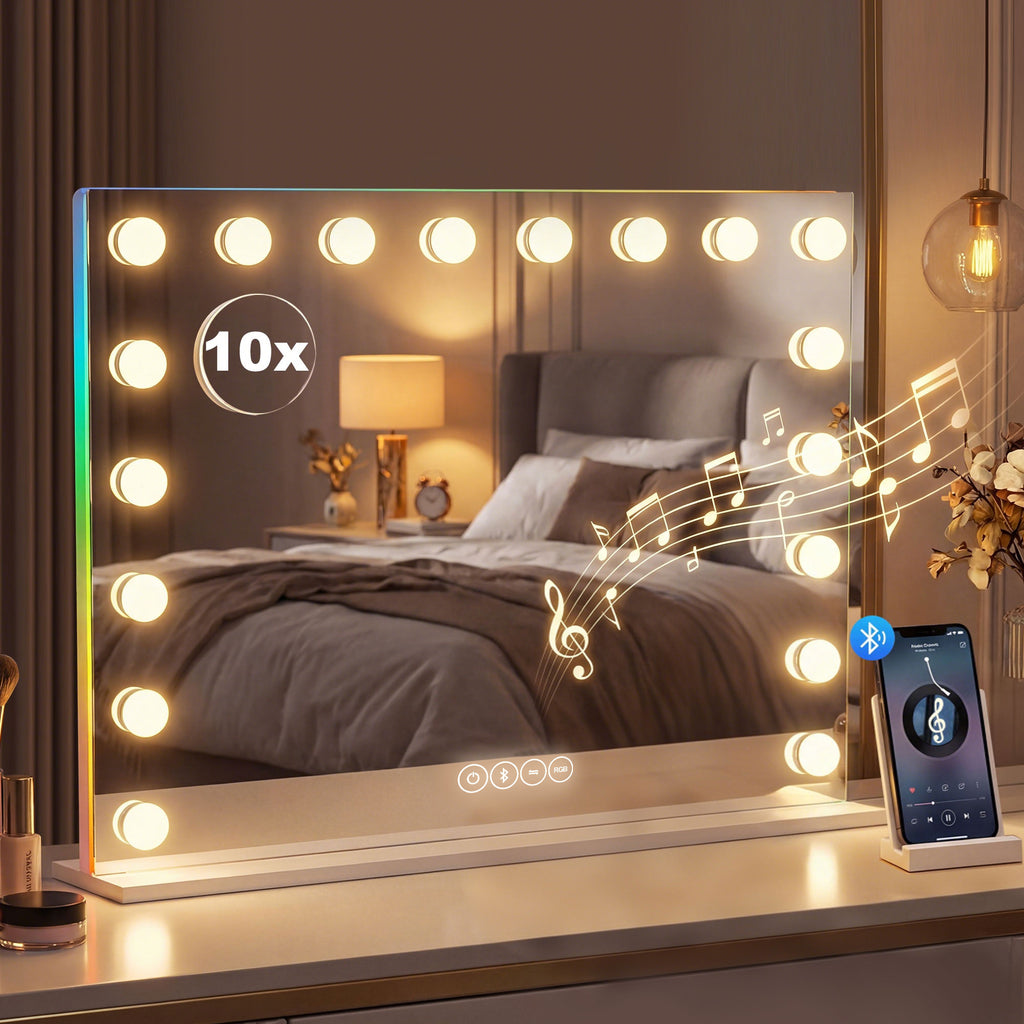 Miroir maquillage Hollywood 18 ampoules LED, 3 couleurs d'éclairage, lumière RGB, haut-parleur Bluetooth, blanc