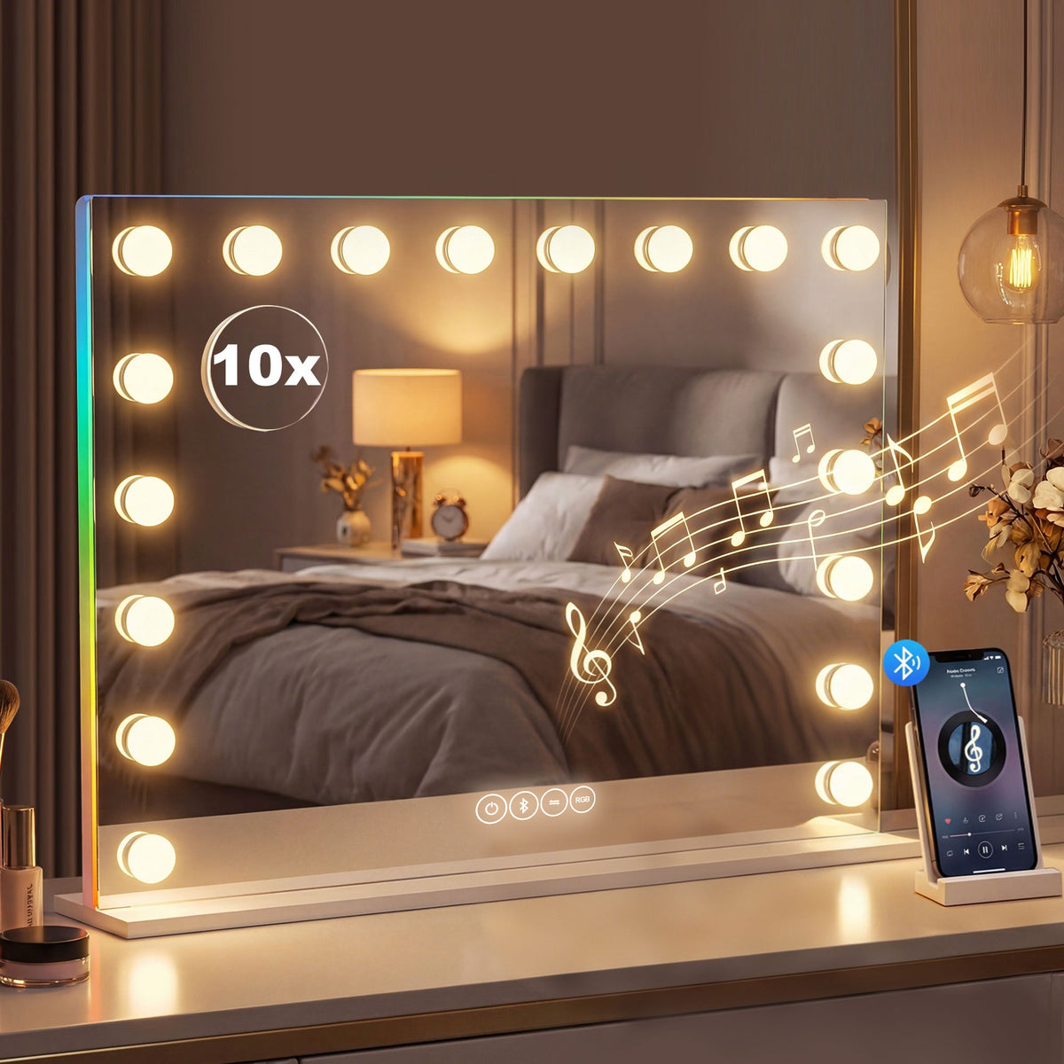 Miroir maquillage Hollywood 18 ampoules LED, 3 couleurs d'éclairage, lumière RGB, haut-parleur Bluetooth, blanc