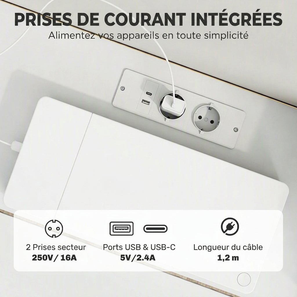 Meuble TV Suspendu Flottant 160 cm avec Éclairage LED et Prises, Meuble Télé pour Téléviseur 72 Pouces, Blanc